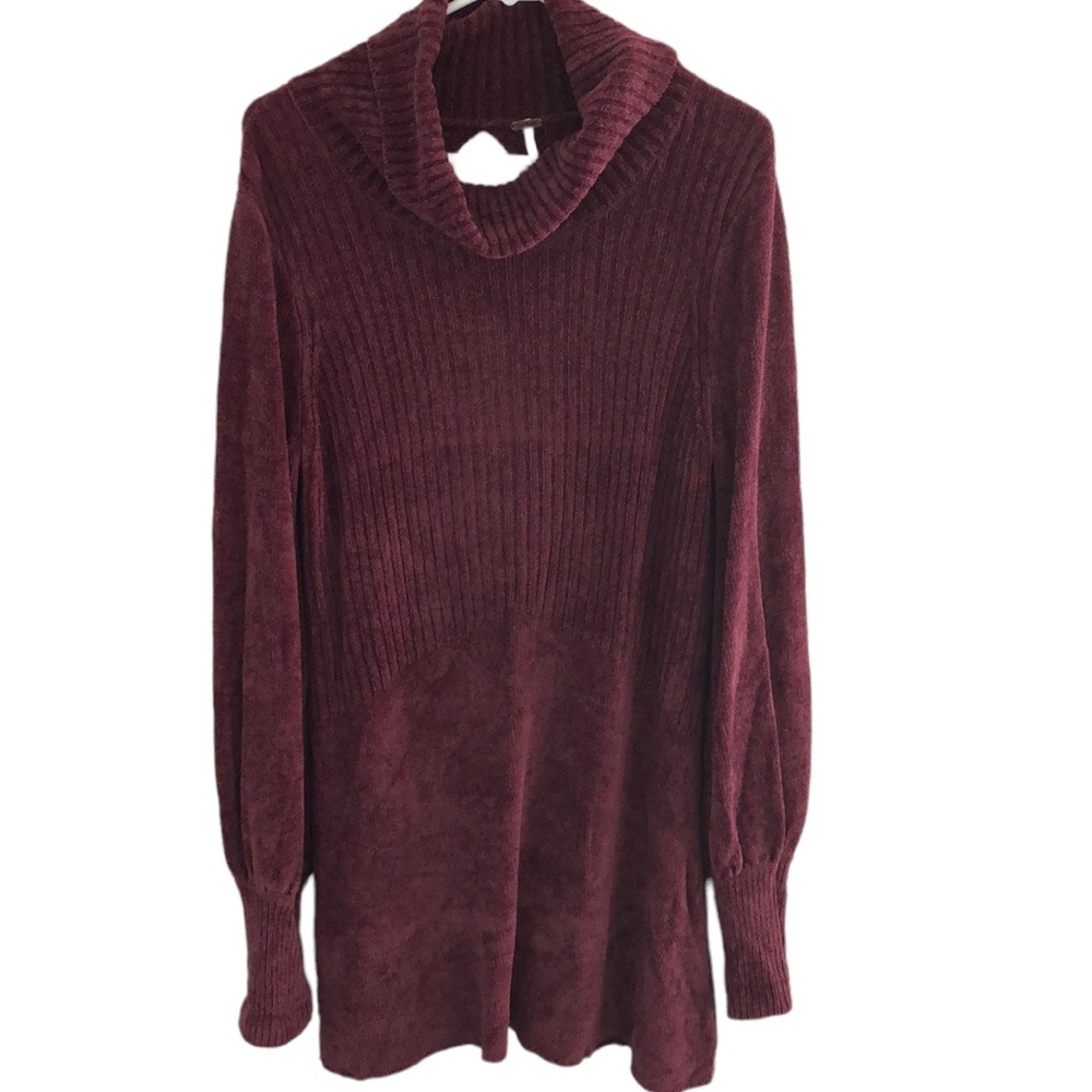 Free People “New Moon” Burgundy Rose turtleneck dress keyhole back Chenille L